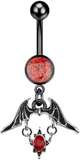 [Niaspi] Gothic Bat Belly Button Bars Ring for Women Girls Unisex 14G Stainless Steel Red CZ Bezel Dangle Belly Navel Rings Vintage Bats Wing Belly Piercing Halloween Statement Body Jewelry, Stainless