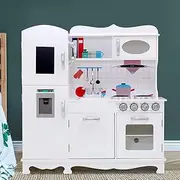 Keezi Kids Kitchen Set 9 in 1 Pretend Play Food Playset Wooden Toys Mud Kitchens Children Cooking Cookware Sets Toy Home Cubby House Furniture for Boys Girls, with Detachable Sink Easy Cleaning White