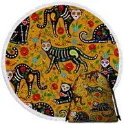 Floral Day of the Dead Cats Round Beach Towel