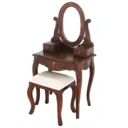 STEWART SOLID MAHOGANY 2-PIECE QUEEN ANNE DRESSING TABLE & STOOL OVAL MIRROR