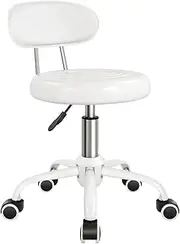 Rolling Stool with Wheels Swivel Stool with Back Height Adjustable Chair PU Leather Rolling stools Ideal for SPA Salon Home Office Drafting Work (White)