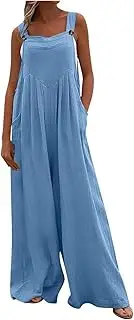 [Generic] Wide Leg Jumpsuits for Womens with Pockets Casual Long Jumpsuits Loose Fit Trendy Pleated Plus Size Sleeveless Rompers Retro Pattern Baggy Bib Pants 2023 Summer Elegant Resort Wear for Women
