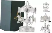 Tabletop Crystal Studded Music Box Carousel with Horses Figurine, Gift Silver
