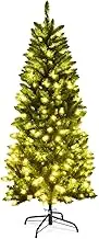 Costway 1.5m/5ft Pre-lit Pencil Christmas Tree, Artificial Hinged Fir Tree with PVC Tips and SAA Certified LED Lights, Sturdy Iron Stand, Easy Set-up