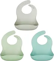 Panos Silicone Apron, Lightweight, Baby Food Apron, Dishwasher Safe, Rounded, Thin, Set of 3, Soft Silicone Bib Set, For Baby, Gray, Mint, Aqua, One Size