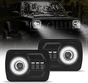 2Pcs Rectangle 5×7 7×6 Inch LED Headlights with Halo DRL & Turn Signal High/Low Beam,Compatible With Cherokee XJ Wrangler YJ GMC Dodge Kenworth T300 Replacement H6054 H5054 6052 (White Halo)