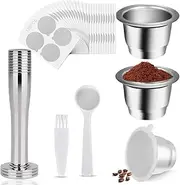 Stainless Steel Refillable Filters Reusable Pods Compatible with Nespresso Original Line Machine But Not All (3 Pods+120 Lids+1 Tamper+1 Spoon+1 Brush)