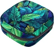 Period Bag,Sanitary Napkin Storage Bag,Blue Green Tropical Leaves,Tampon Holder for Purse
