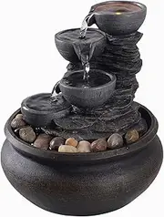 Zen Indoor Tabletop Fountain 20 cm for Bedroom Living Room Office with LED Lights and Pump, Stone Grey-Teamson Home