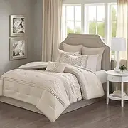 510 DESIGN Luxe Quilted Comforter Set Modern Transitional Design, All Season Down Alternative Warm Bedding Matching Shams, Bedskirt, Decorative Pillow, King, Ramsey Damask Neutral