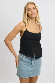 Black Cami Top Open Front Textured - Size 16XL, Women's Cami