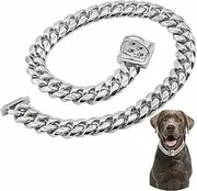 QICHENMAO Dog Chain Collar Silver Cuban Link Chain Collar with Secure Buckle Design,15MM Stainless Steel Metal Walking Training Collars, Chew Proof, Suitable for Small Medium Large Dogs (Silver,14'')