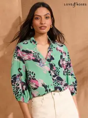 Love & Roses Animal Green Petite Pie Crust Detail 3/4 Sleeve Blouse (AN7513) | $83