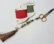 Gold Red Green Holly Beaded Scissor Fob & Vintage Gold Plate Embroidery Scissors