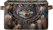 Boho Style Wolf Dream Catcher Closet Storage Cloth Bins with Handle, Collapsible Nursery Organizer Bin, Set of 2