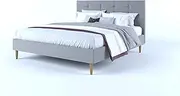 Premium Fabric Upholstered Platform Bed Frame with Padded Headboard, Reinforced Steel Frame Construction, Flexible Wooden Arched Slat Support, Mattress Foundation, Easy to Assemble - Stone Grey
