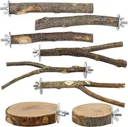 Natural Wood Bird Perch, 8 Pieces Wooden Parrot Perch, Stand Fork Toys, Hanging Multi-Branch Perch Platform, Hammock Swing Toy for Macaws, Small Parakeets, Conures, Budgies, Finches
