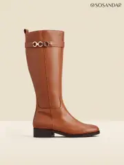 Sosandar Brown Leather Flat Knee High Boots With Metal Trim (Q49014) | $381