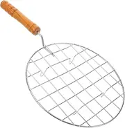 JOINPAYA Stainless Steel Round Grill Net with Wooden Handle Durable Barbecue Mesh for Versatile Cooking for Fish Meat More Reinforced Design for Heavy Foods