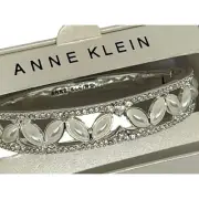 Anne Klein Silver Tone Bracelet Faux Pearl Crystal Bangle Open Work Floral Style