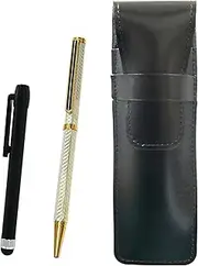Slim Cowhide Leather Pen Case Black Metal Touch Stick Black and Brass Hex Rotating Holi Gold Ballpoint Pen Set Silver ASB-ALB-6KSBP-S