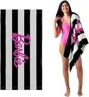 Franco Barbie Barbiecore Black & White Striped Soft Cotton Bath/Pool/Beach Towel, 60 in x 30 in, (Official Licensed Barbie Product)