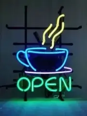 Coffee Open Cup Green 17"x14" Neon Sign Lamp Light Artwork Display Wall Bar LE