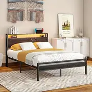 Double Bed Frame with Storage Headboard,Full Bed Frame with Charging Station and LED Lights,Metal Platform Bed Frame Full No Box Spring Needed,Heavy Duty Metal Slats,Noise Free,Black