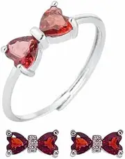 [Razzberry] Girls' Gemstone Bow Stud Earrings and Adjustable Ring Set, Garnet or Amethyst, Hypoallergenic Sterling Silver Post, with included velvet gift box and pouch