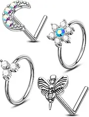 [Jewseen] 4PCS Nose Rings Set 20G L-Shaped Nose Studs Stainless Steel Hinged Hoops for Nostril CZ Septum Rings Nose Piercing Jewelry for Women Men