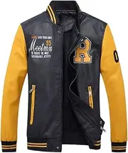 [Risnow] Men's Winter PU Leather Casual Fleece Baseball Coat Varsity Bomber Jacket