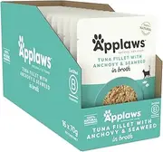 Applaws 100% Natural Wet Cat Food Tuna Fillet with Anchovy in Broth, Limited Ingredients Pet Food 70g Pouch (Pack of 16)