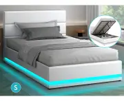 ALFORDSON Bed Frame Single Size Platform RGB LED Gas Lift Base Storage White