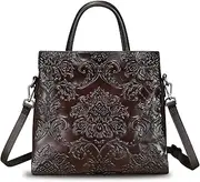 [LRTO] Genuine Leather Satchel for Women Top Handle Handbag Handmade Embossed Vintage Satchel Crossbody Handbags Purse Bag