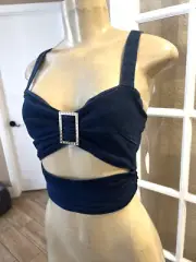 Denim Blvd Size Small Blue Crop Top ~ Boho Chic ~Rhinestones NWTS Stretchy! xdb