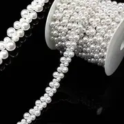 2 Yard Pearl Trim Chain String Silver Applique Fringe Ribbon Strips Beads Sewing Dress DIY Party Wedding Bouquet for Decoration Bridal Costume Embellishment