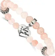 [JewelryWeb] Stainless Steel Artisan Oxidized and Polished I Love You More Heart Dangle 6.5mm Pink Jade Beaded Stretch Bracelet-Stretch-Bracelet for Women