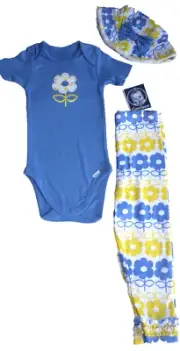 New Gerber Baby 3 pc Outfit Set Girls blue white Flowers top bottom hat 18 mon