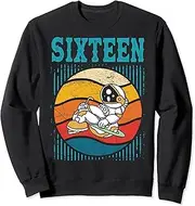 [X.Style] 16 Years Old Birthday Boy Retro Astronaut 16th Birthday Sweatshirt ds248 Sweater (S) Black