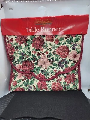 Vintage Quilted Table Runner 2 Sided Floral And Solid Cream 13 x 70" Made In USA