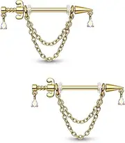 [CM Crareesi Mania] Nipple Piercing Jewellery Gold Dagger Nipple Bars 14G Stainless Steel Nipple Barbells with Dangle Teardrop AB CZ Nipple Rings for Women, 14Gauge, Cubic Zirconia, Crystal