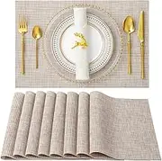 SENDAY Placemats, Set of 8 Heat-Resistant Placemats Stain Resistant Anti-Skid Placemats for Kitchen Table, Washable Durable PVC Table Mats Woven Vinyl Placemats Beige