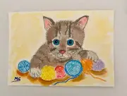 Tabby Cat ORIGINAL ACEO Painting, Kitten with Yarns ATC Cat Art, For Cat Lovers
