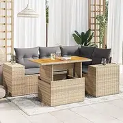 5 Piece Garden Sofa Set with Cushions Beige Poly Rattan, Garden Furniture Sets