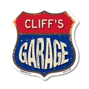 Cliff's Garage Shield Shaped Sign Weather Resistant Crafted in the USA