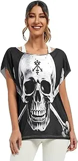 [RPLIFE] Black and White Skull Womens Summer Tops and Blouses Loose Casual Tops Women, S-XXL Flowy t Shirt