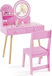 HONEY JOY Kids Vanity Set, Princess Dressing Table with Chair, 2-Color Front Lit Mirror, 2 Drawers, Open Storage Shelve, 3 Hooks, Pretend Play Makeup Vanity for Toddler (Pink)