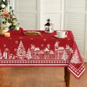 Christmas Tablecloth 60×84 Inch Rectangular, Red Snow House Pine Trees Washable