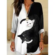 Women's Summer Tops Graphic Animal Cat Vintage Tropical Hawaiian Long Sleeve V Neck Regular Tops Daily Holiday Beach Wear Print Black And White Yellow Pink Red