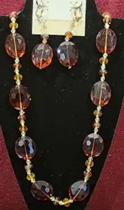 HANDMADE& UNIQUE Austrian Crystals Amber & Brown Women's Necklace & Earrings Set